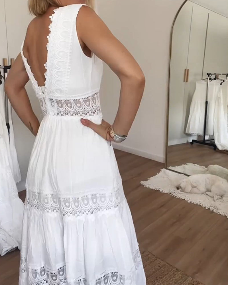 Women's sleeveless lace midi dress with V-neck and A-line silhouette
