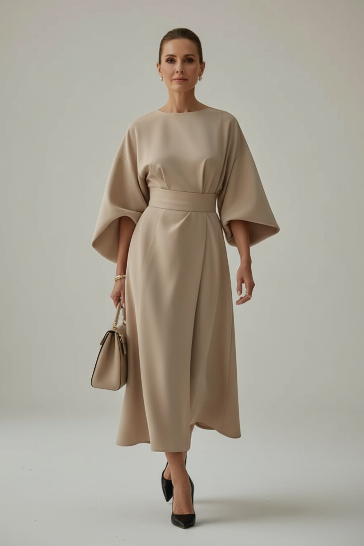Women’s midi dress with elegant lantern sleeves and an adjustable belted waist, featuring a regular fit and lightweight fabric for comfortable everyday, office, or occasion wear.