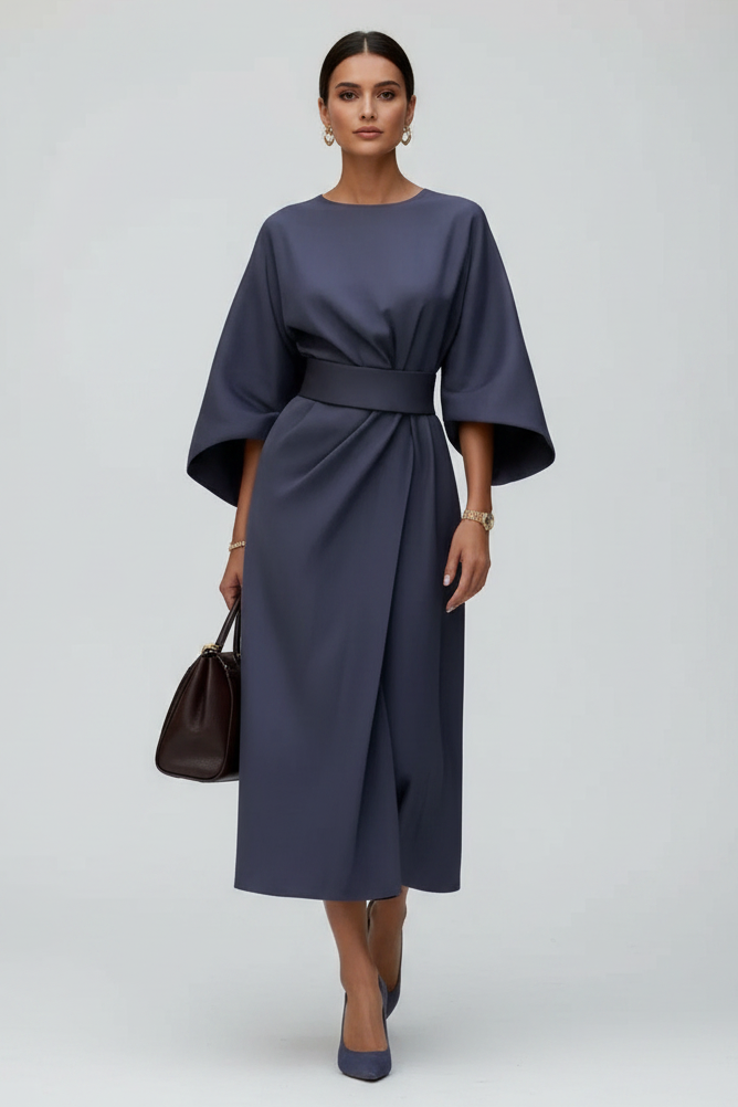 Women’s midi dress with elegant lantern sleeves and an adjustable belted waist, featuring a regular fit and lightweight fabric for comfortable everyday, office, or occasion wear.