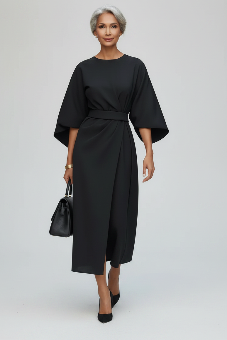 Women’s midi dress with elegant lantern sleeves and an adjustable belted waist, featuring a regular fit and lightweight fabric for comfortable everyday, office, or occasion wear.