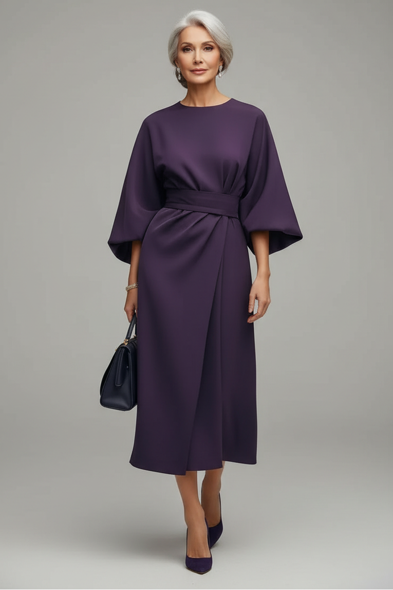 Women’s midi dress with elegant lantern sleeves and an adjustable belted waist, featuring a regular fit and lightweight fabric for comfortable everyday, office, or occasion wear.