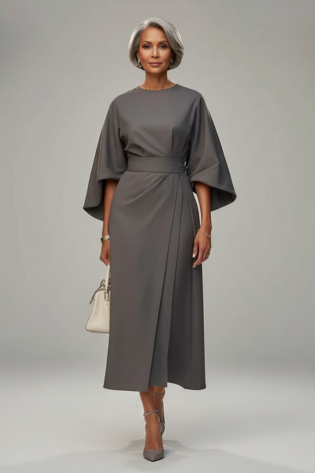 Women’s midi dress with elegant lantern sleeves and an adjustable belted waist, featuring a regular fit and lightweight fabric for comfortable everyday, office, or occasion wear.