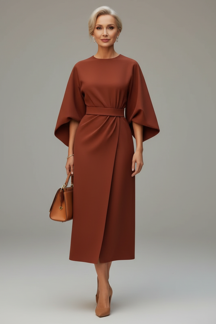 Women’s midi dress with elegant lantern sleeves and an adjustable belted waist, featuring a regular fit and lightweight fabric for comfortable everyday, office, or occasion wear.