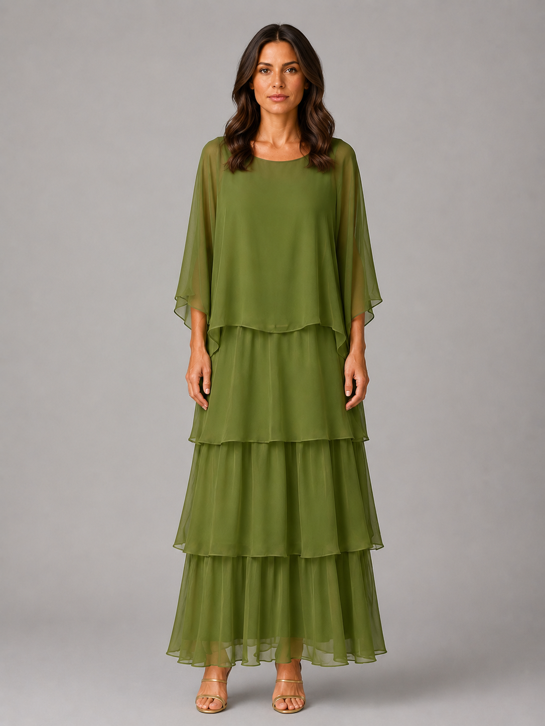 Women’s layered chiffon maxi dress with flowing sleeves, cascading details and a relaxed full-length silhouette for elegant occasion wear.