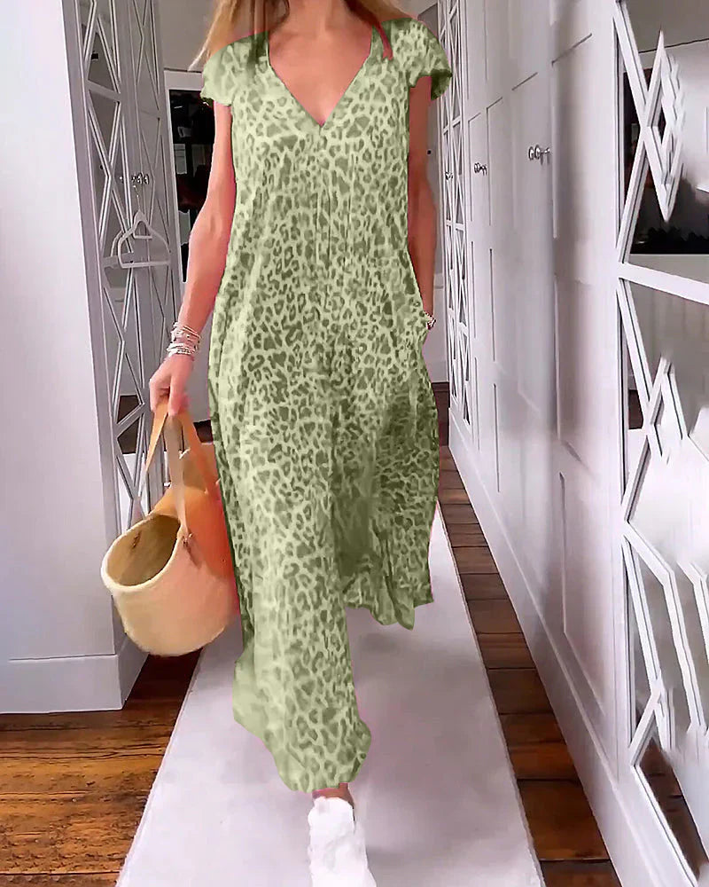 Women’s leopard print V-neck short sleeve maxi dress with flowy relaxed fit for casual and stylish wear