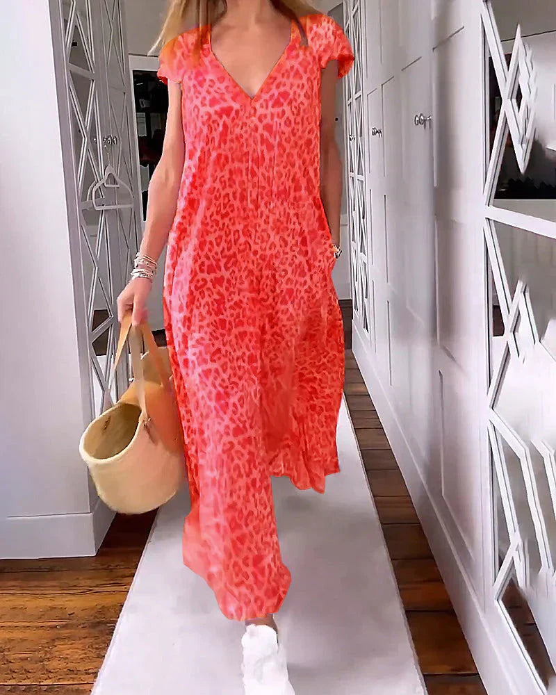 Women’s leopard print V-neck short sleeve maxi dress with flowy relaxed fit for casual and stylish wear