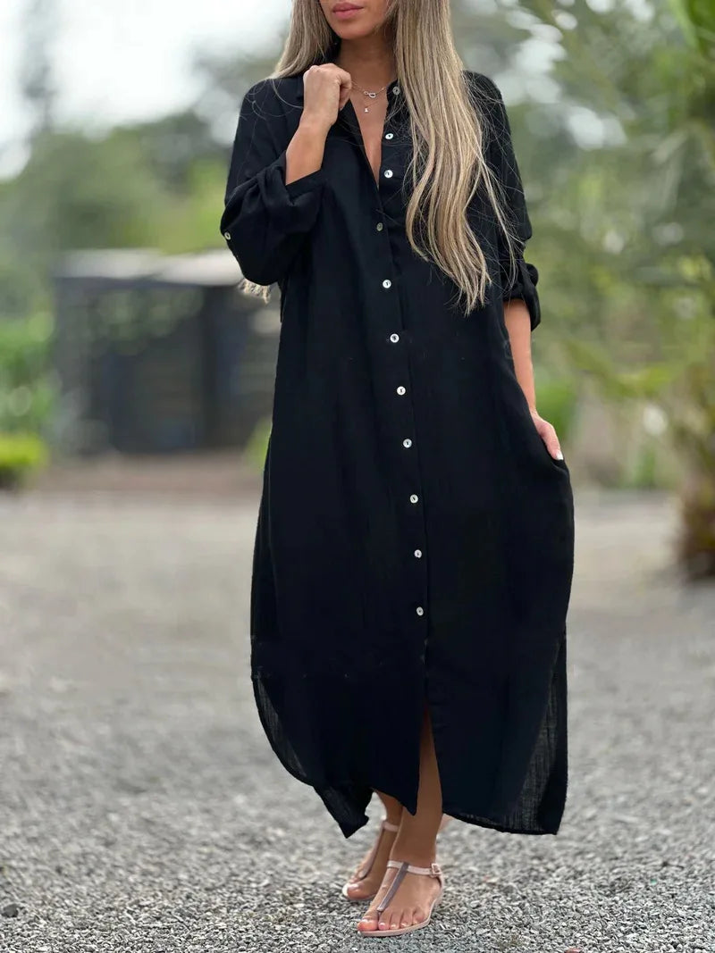 Women's light pink shirt dress with button front, relaxed fit, and casual feminine style