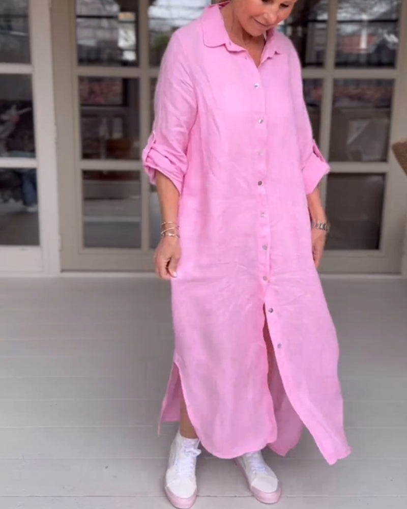 Women's light pink shirt dress with button front, relaxed fit, and casual feminine style