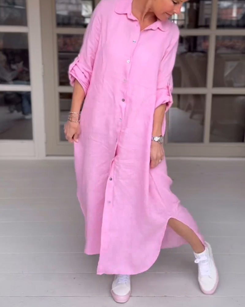 Women's light pink shirt dress with button front, relaxed fit, and casual feminine style