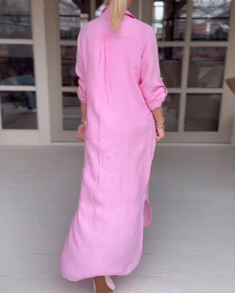 Women's light pink shirt dress with button front, relaxed fit, and casual feminine style