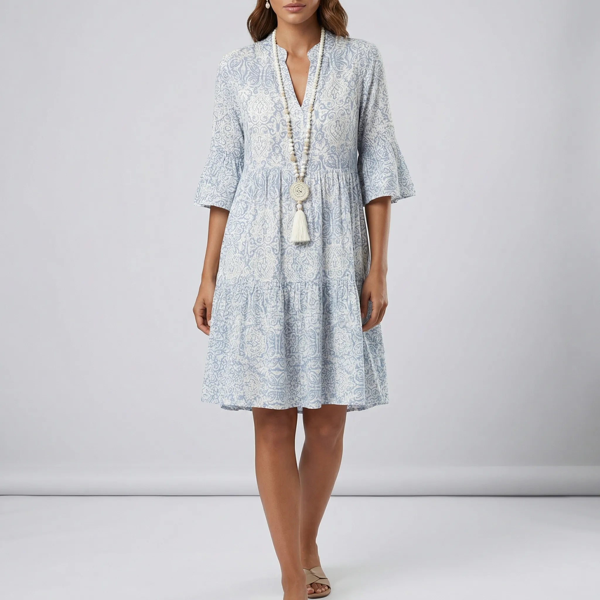 Women’s lightweight boho-inspired short-sleeve mini dress with V-neck
