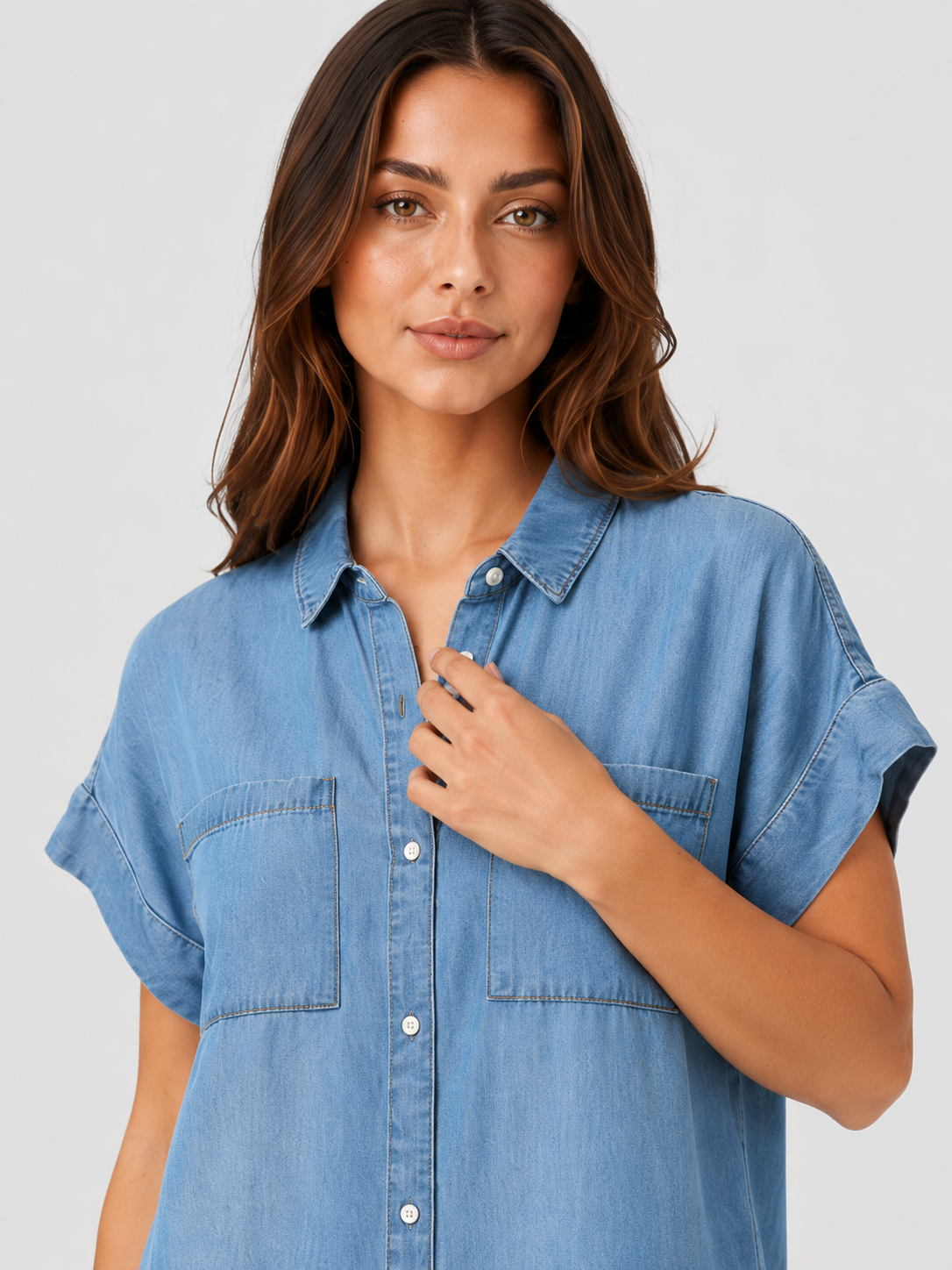 Woman wearing a light blue lightweight summer mini dress with a relaxed fit against a neutral background.