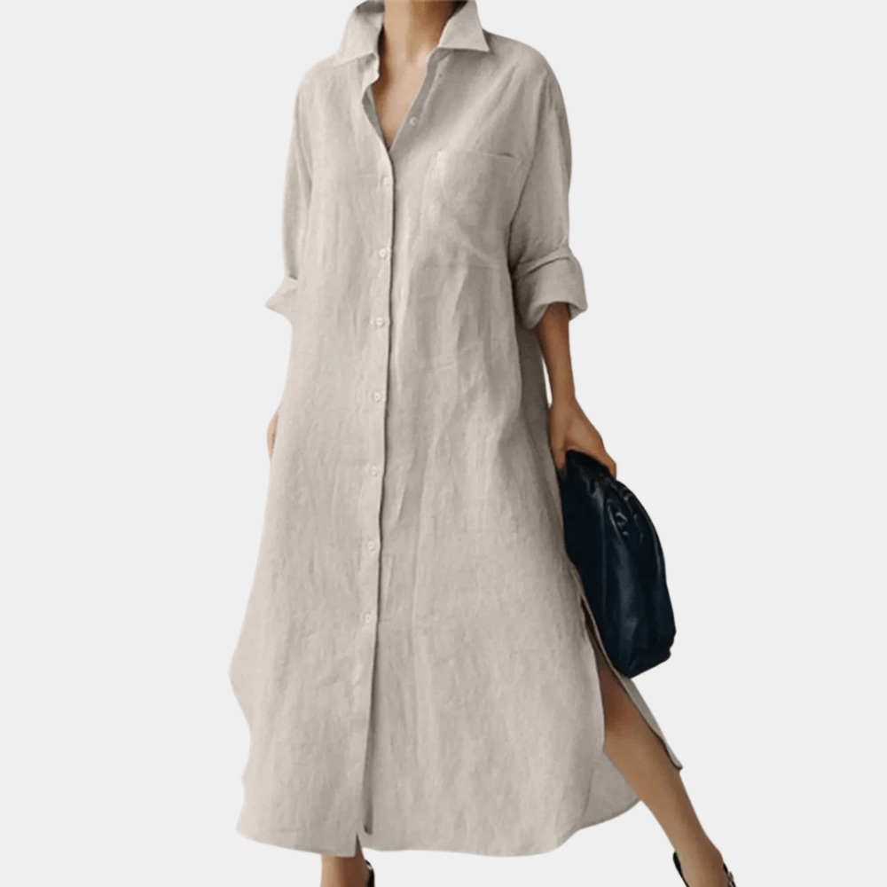 Women’s oversized linen button-up shirt dress with side slits
