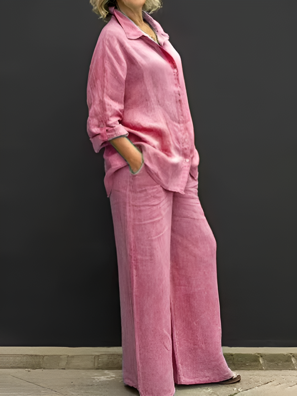 Women’s linen two-piece set with button-up shirt and wide-leg pants