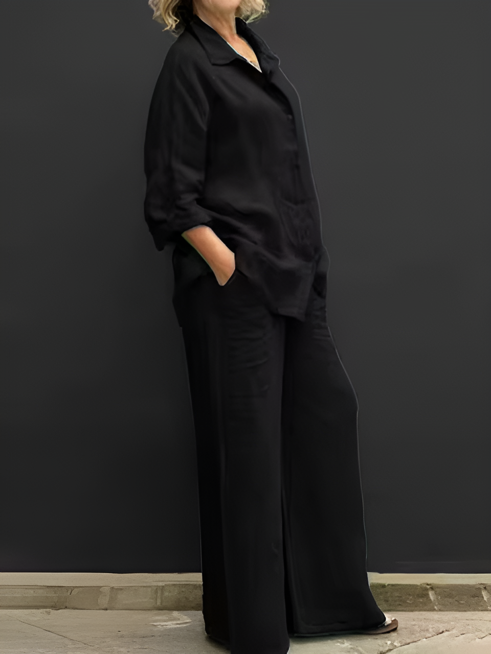 Women’s linen two-piece set with button-up shirt and wide-leg pants