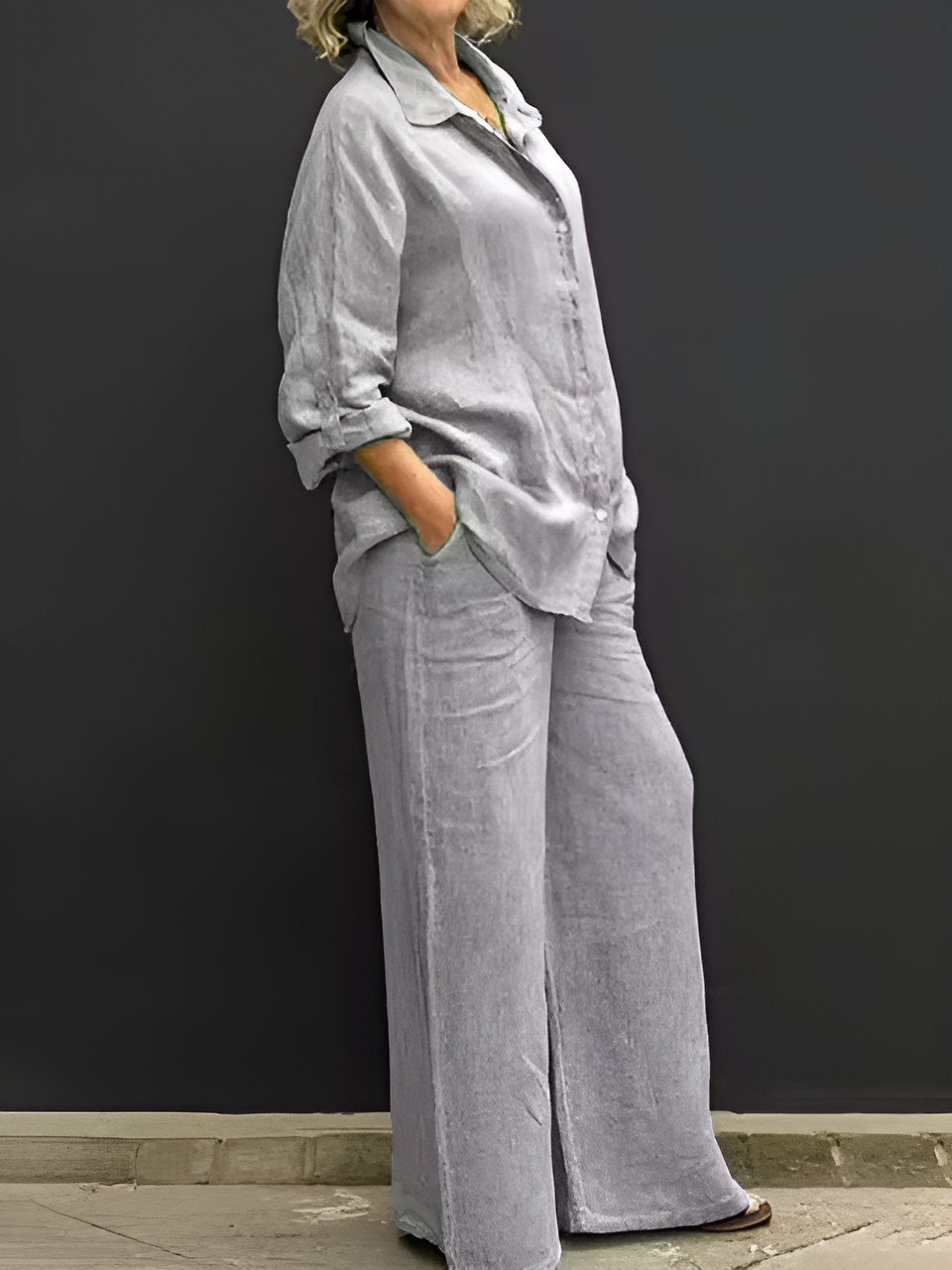 Women’s linen two-piece set with button-up shirt and wide-leg pants
