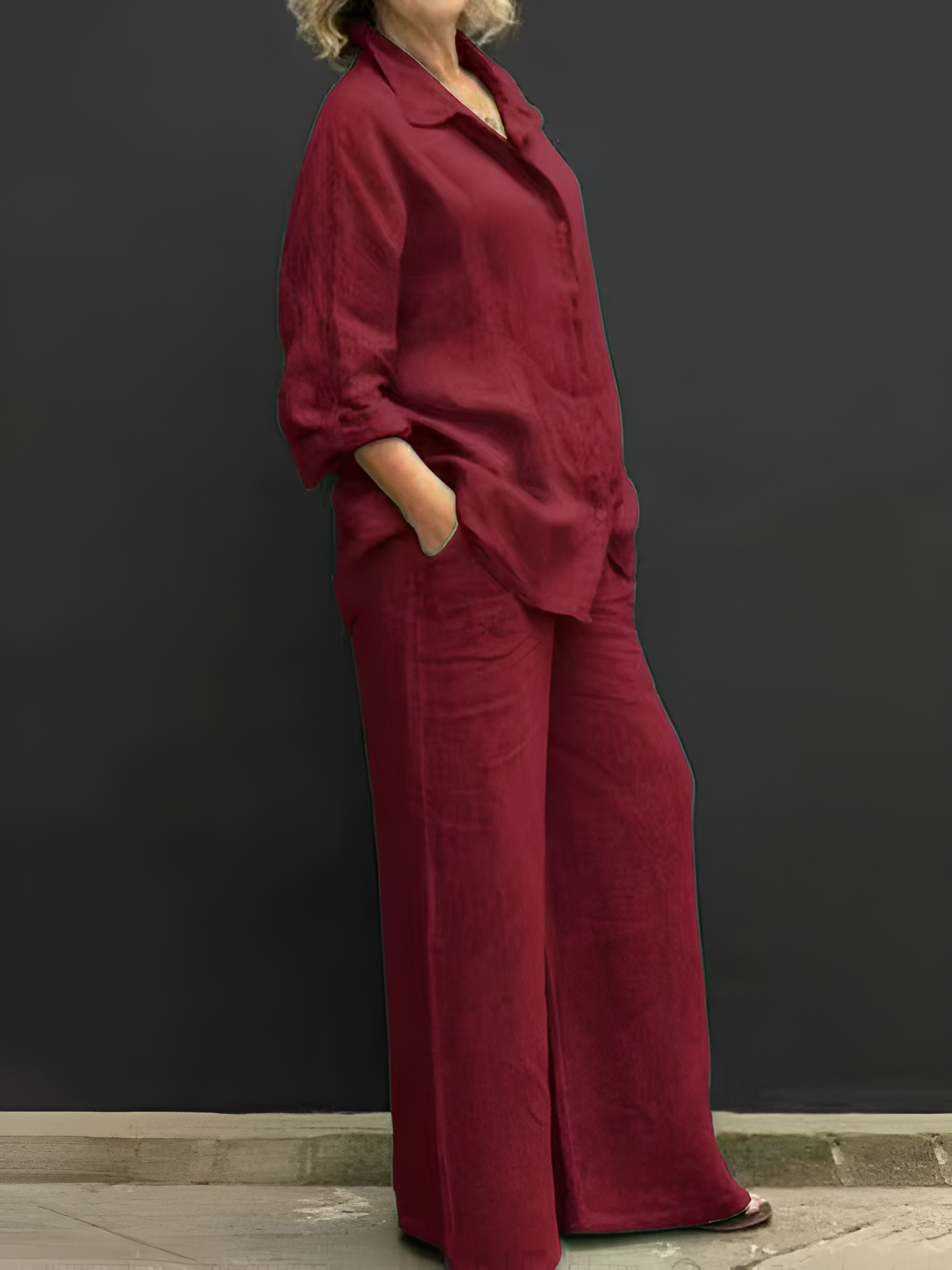 Women’s linen two-piece set with button-up shirt and wide-leg pants