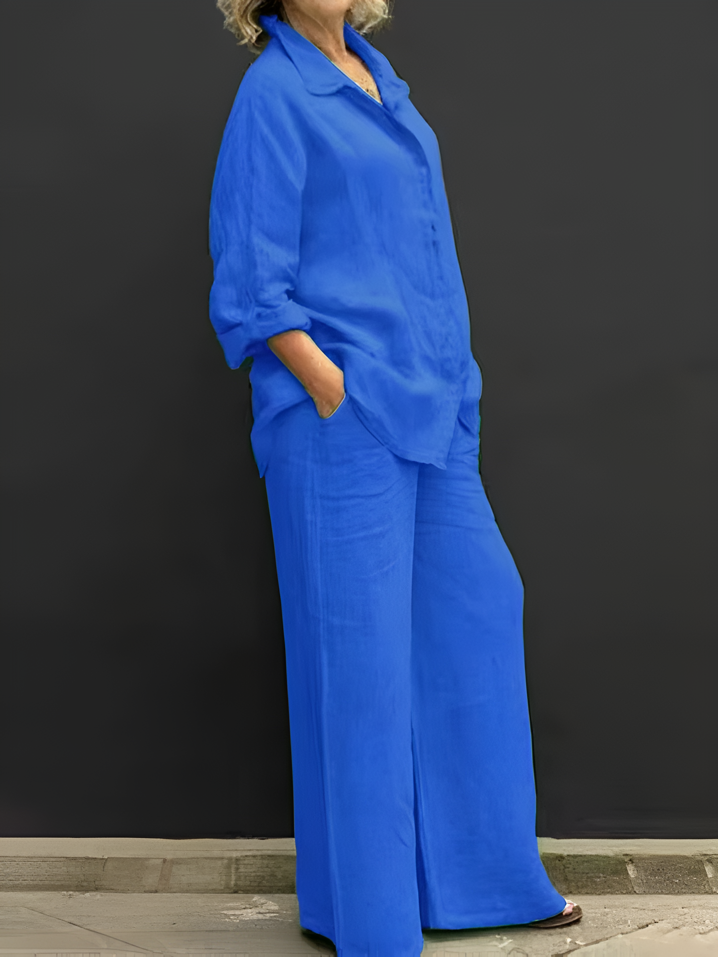 Women’s linen two-piece set with button-up shirt and wide-leg pants