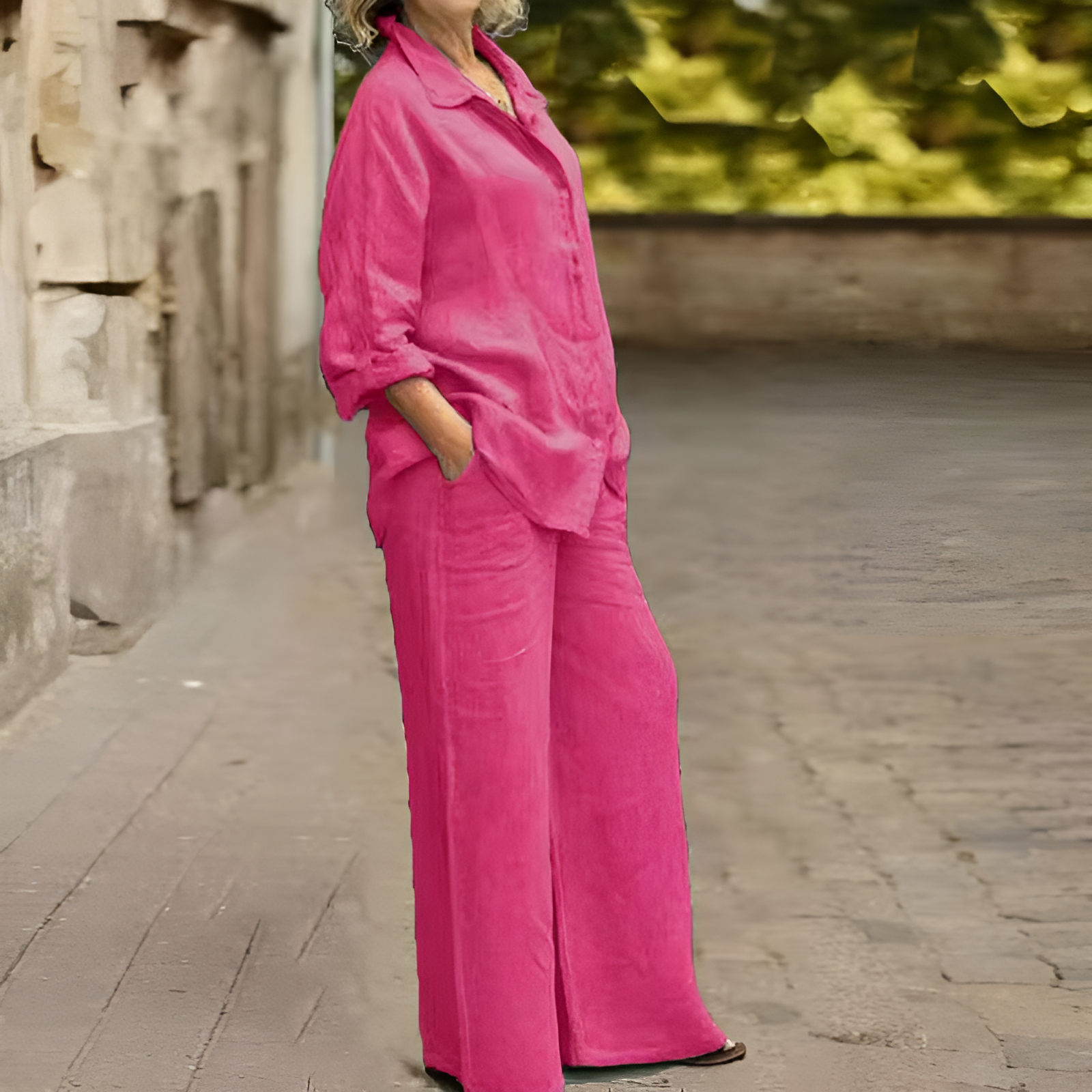 Women’s linen two-piece set with button-up shirt and wide-leg pants