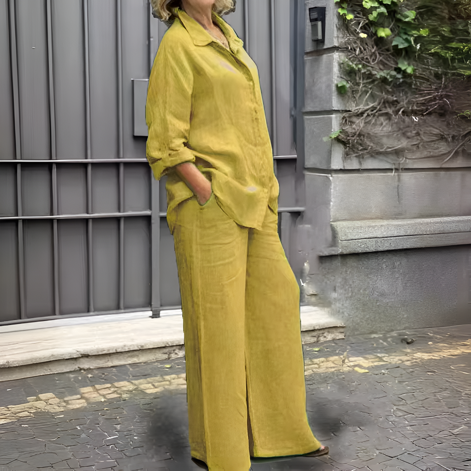 Women’s linen two-piece set with button-up shirt and wide-leg pants
