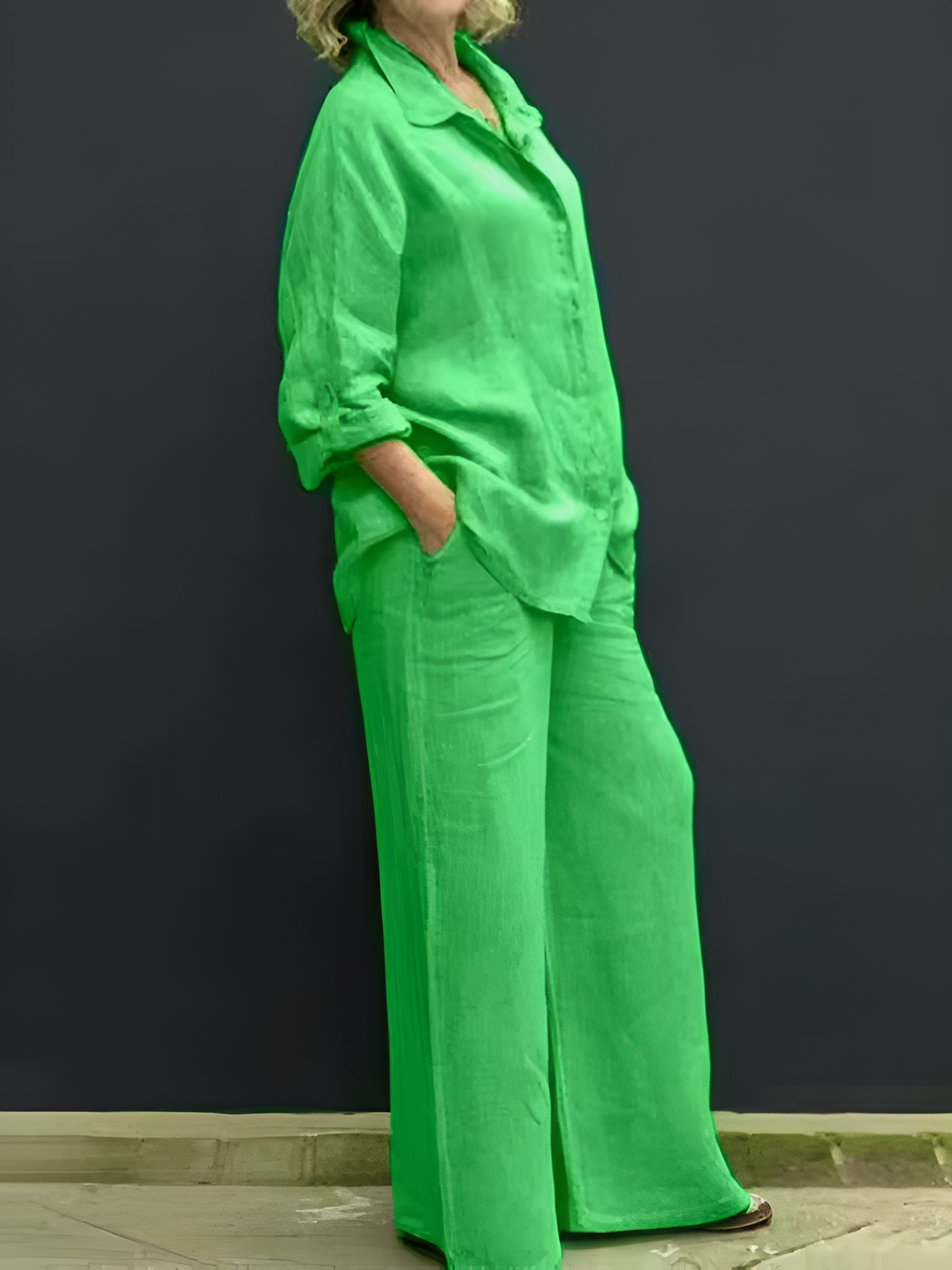 Women’s linen two-piece set with button-up shirt and wide-leg pants