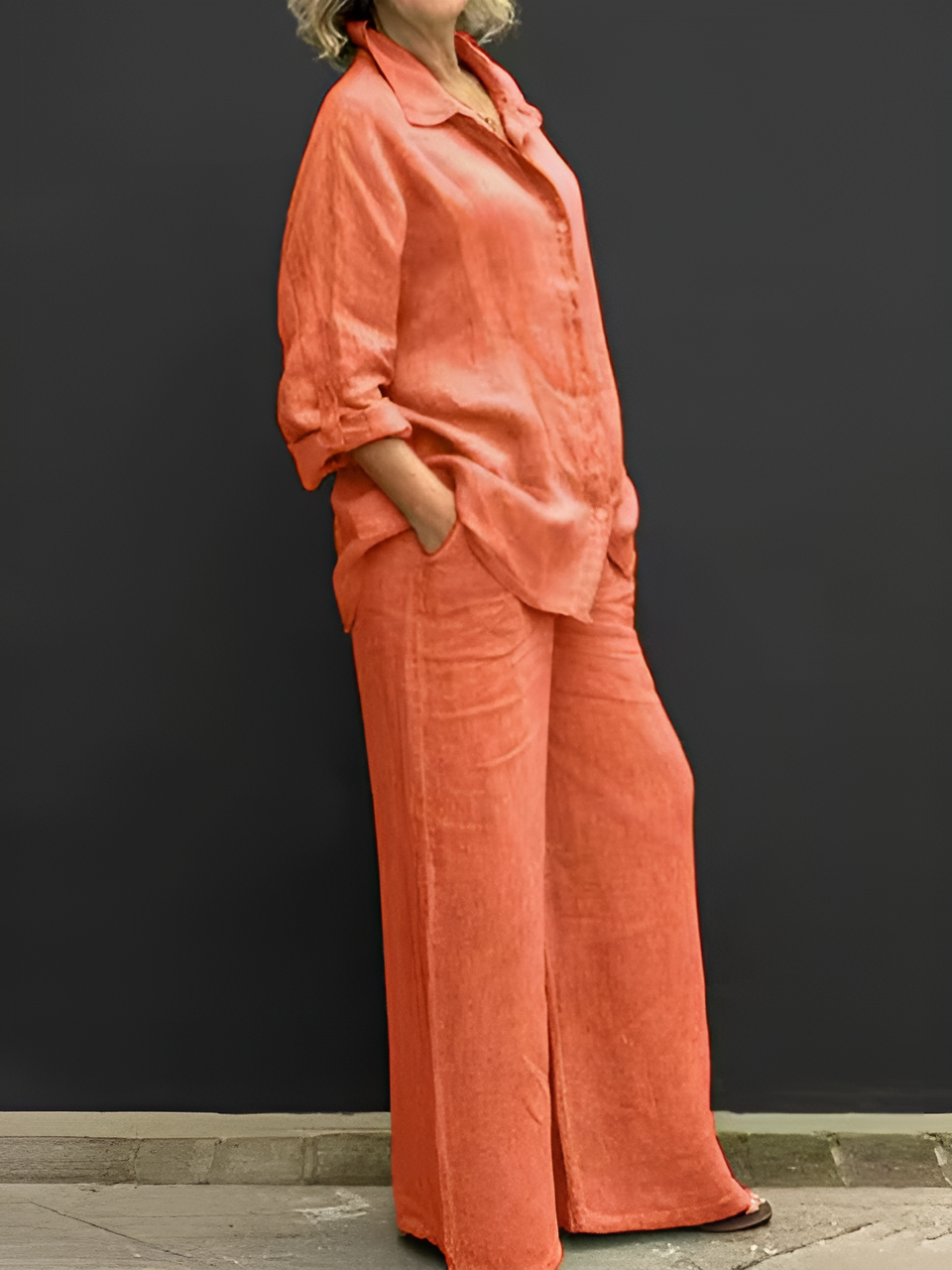 Women’s linen two-piece set with button-up shirt and wide-leg pants