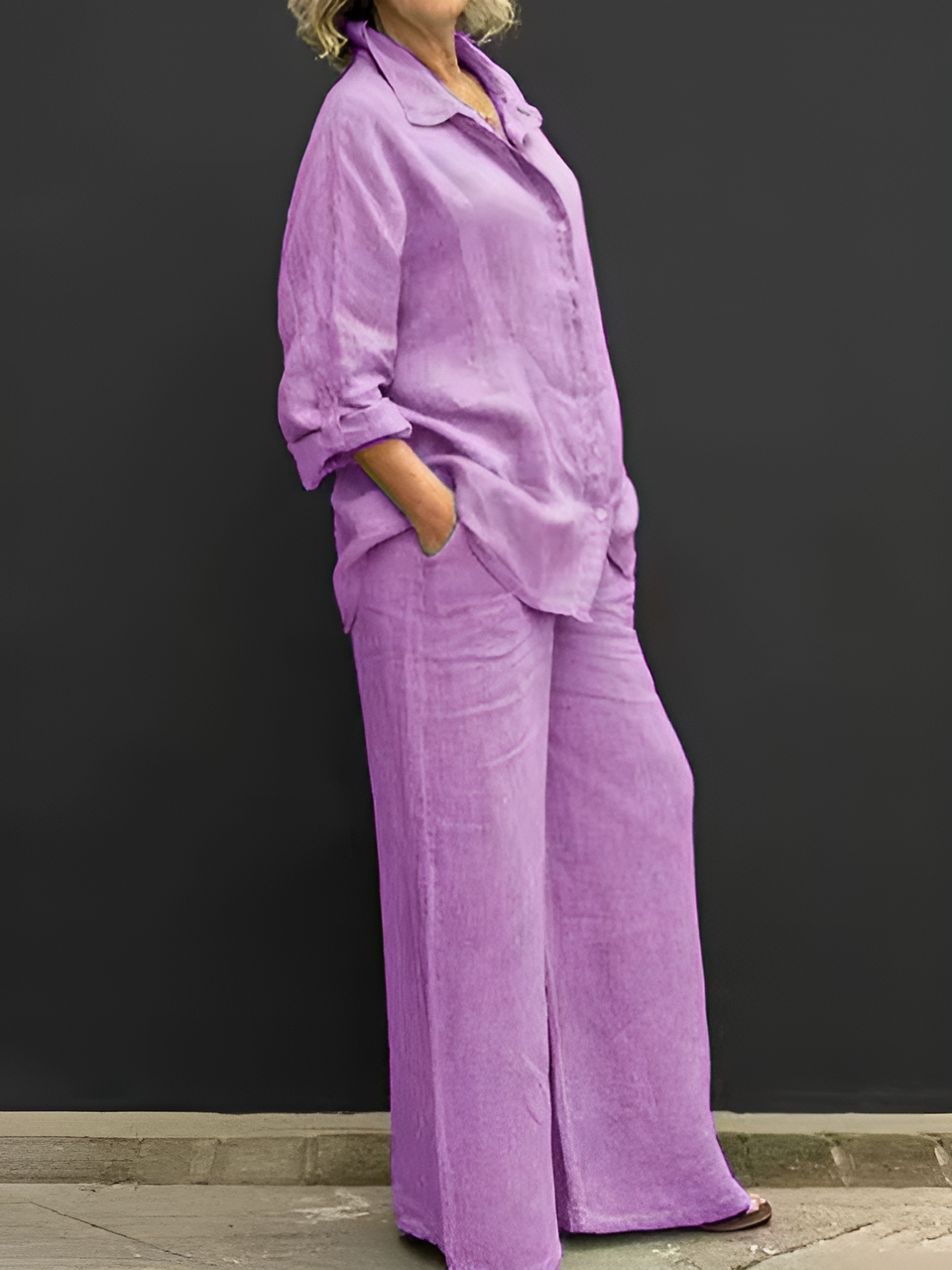 Women’s linen two-piece set with button-up shirt and wide-leg pants