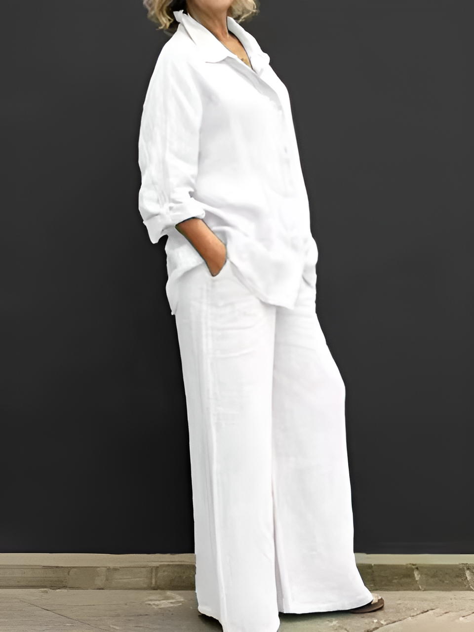 Women’s linen two-piece set with button-up shirt and wide-leg pants