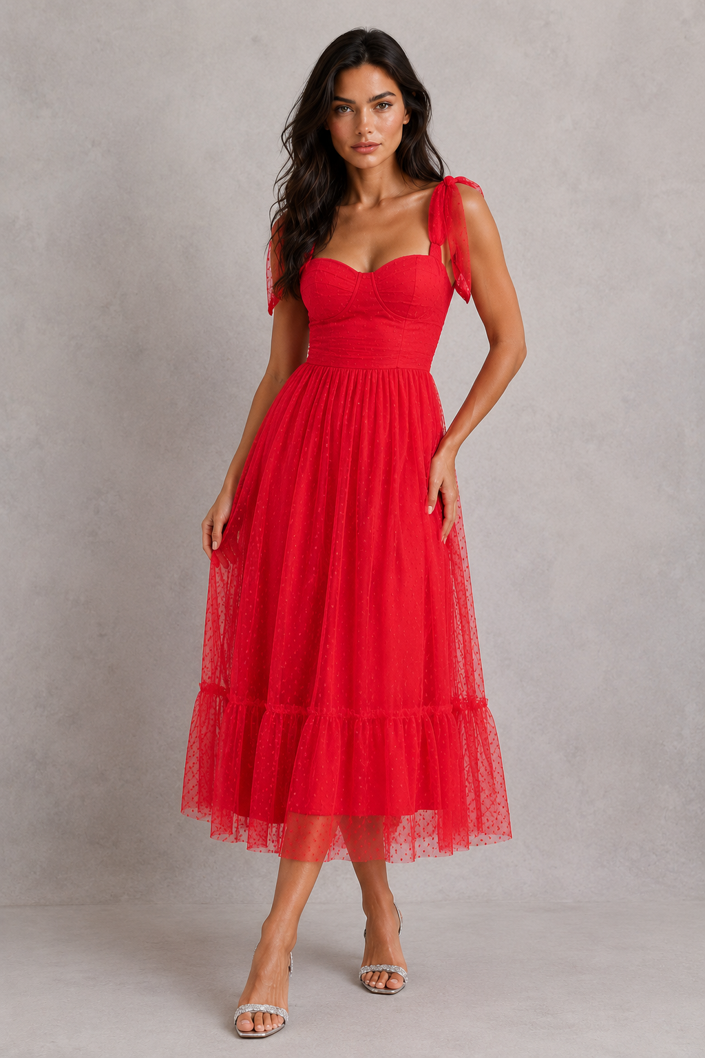Women's mesh maxi gown featuring delicate cami straps, a defined high waist, flowing A-line silhouette, and flounce hem, ideal for evening occasions, weddings, galas, and formal events.
