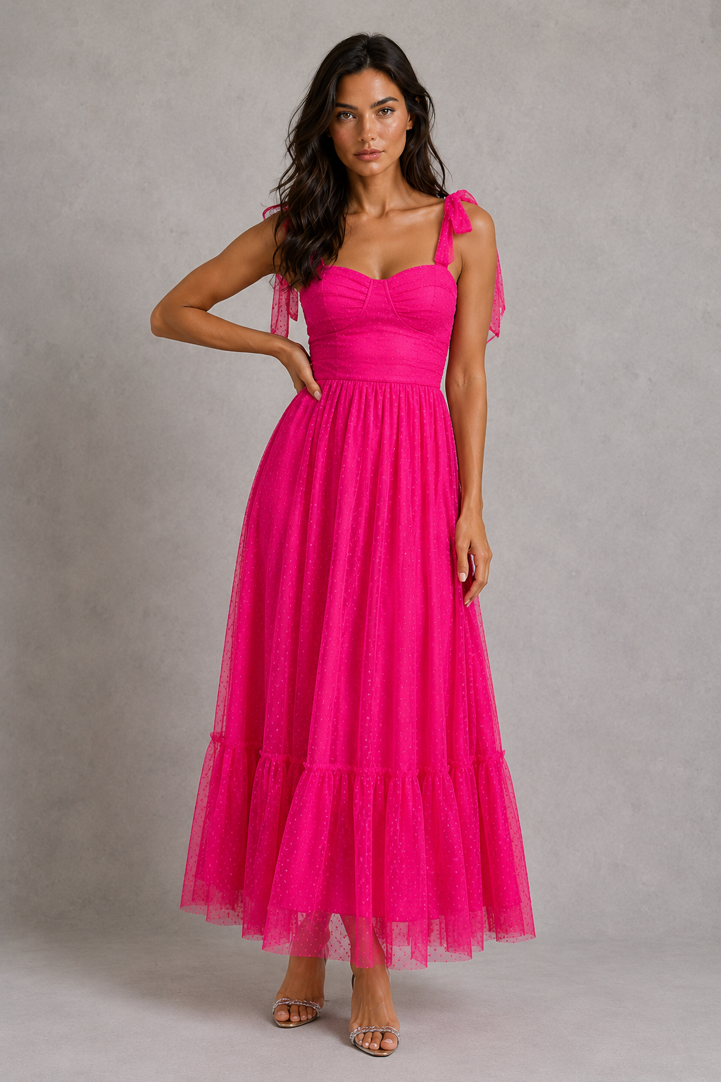 Women's mesh maxi gown featuring delicate cami straps, a defined high waist, flowing A-line silhouette, and flounce hem, ideal for evening occasions, weddings, galas, and formal events.