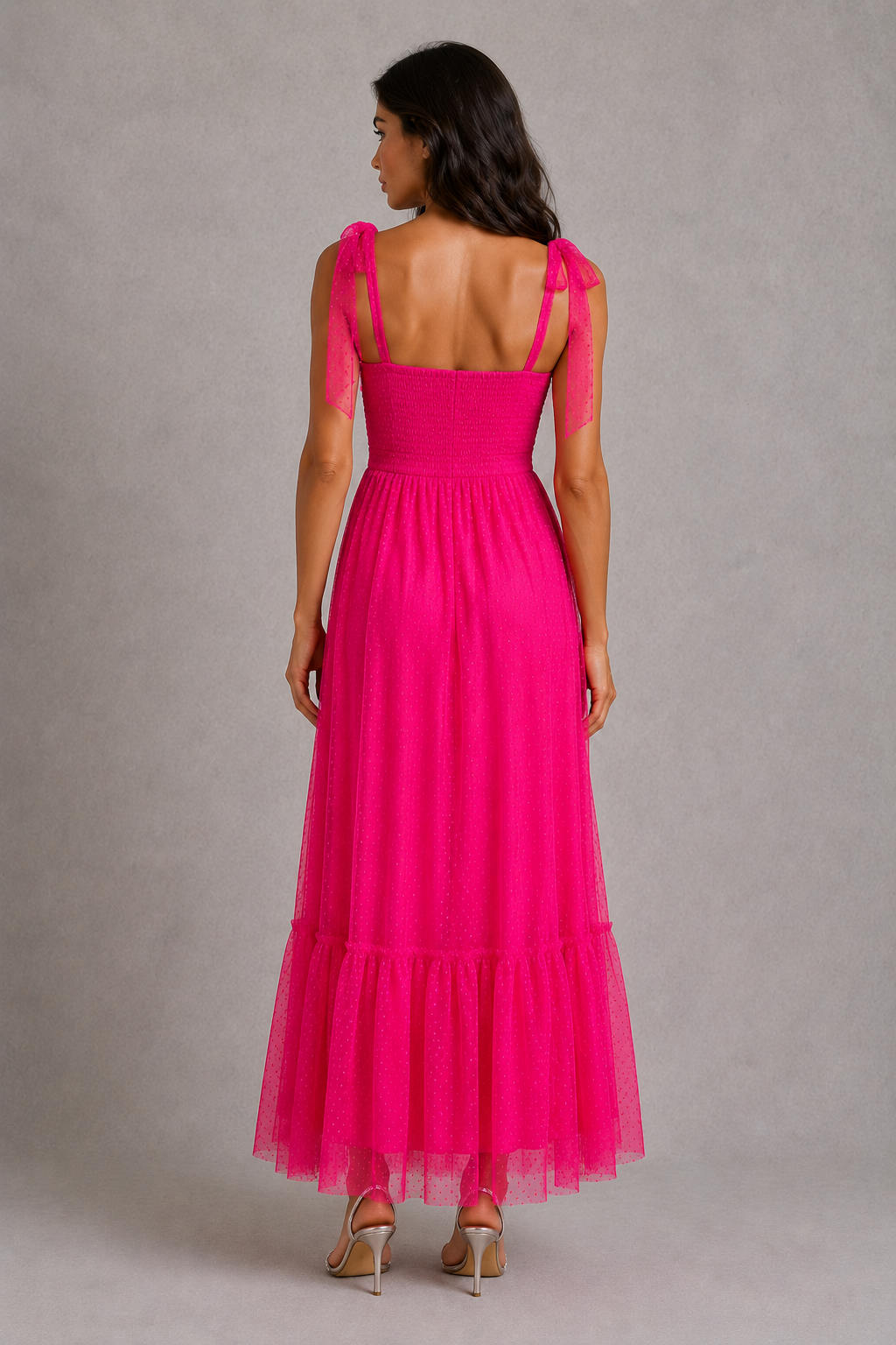 Women's mesh maxi gown featuring delicate cami straps, a defined high waist, flowing A-line silhouette, and flounce hem, ideal for evening occasions, weddings, galas, and formal events.