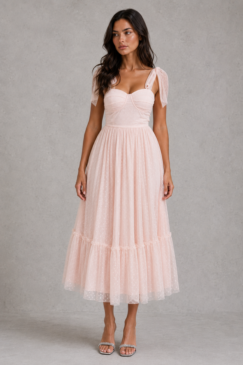 Women's mesh maxi gown featuring delicate cami straps, a defined high waist, flowing A-line silhouette, and flounce hem, ideal for evening occasions, weddings, galas, and formal events.