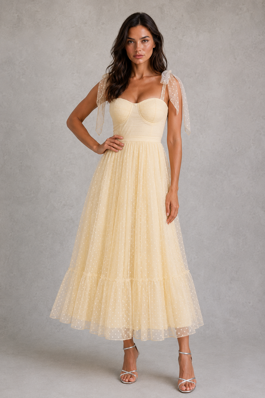 Women's mesh maxi gown featuring delicate cami straps, a defined high waist, flowing A-line silhouette, and flounce hem, ideal for evening occasions, weddings, galas, and formal events.