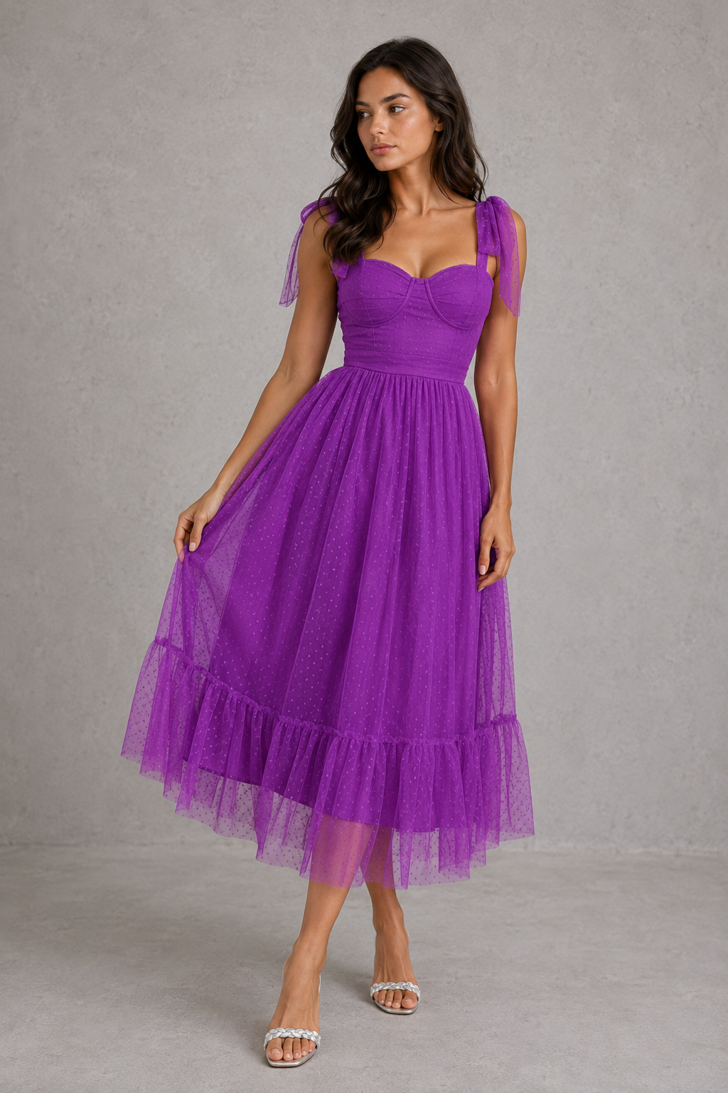 Women's mesh maxi gown featuring delicate cami straps, a defined high waist, flowing A-line silhouette, and flounce hem, ideal for evening occasions, weddings, galas, and formal events.