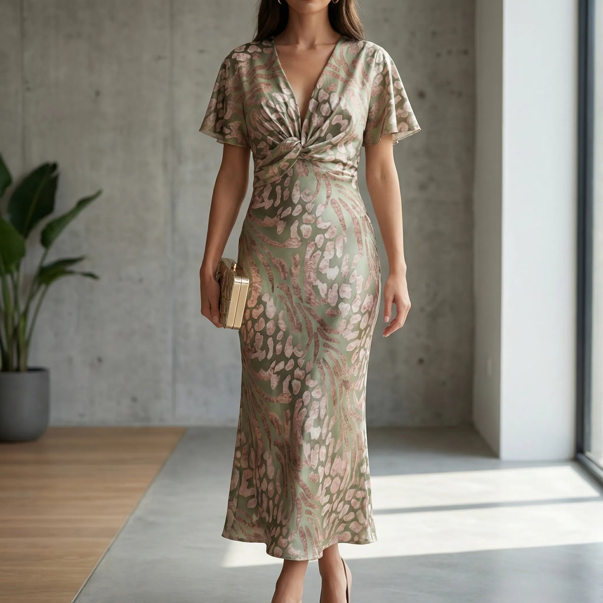 Women’s midi cocktail dress with V-neck and gathered waist detail