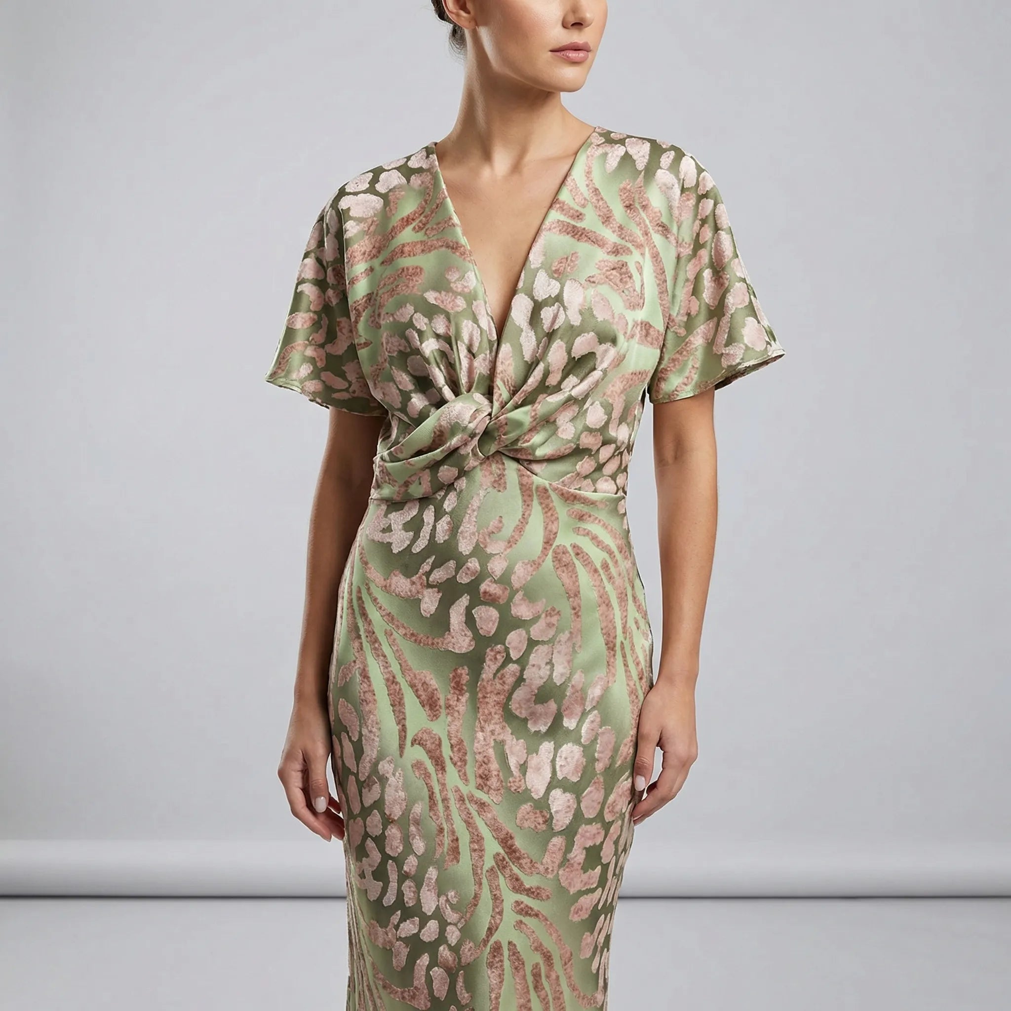 Women’s midi cocktail dress with V-neck and gathered waist detail