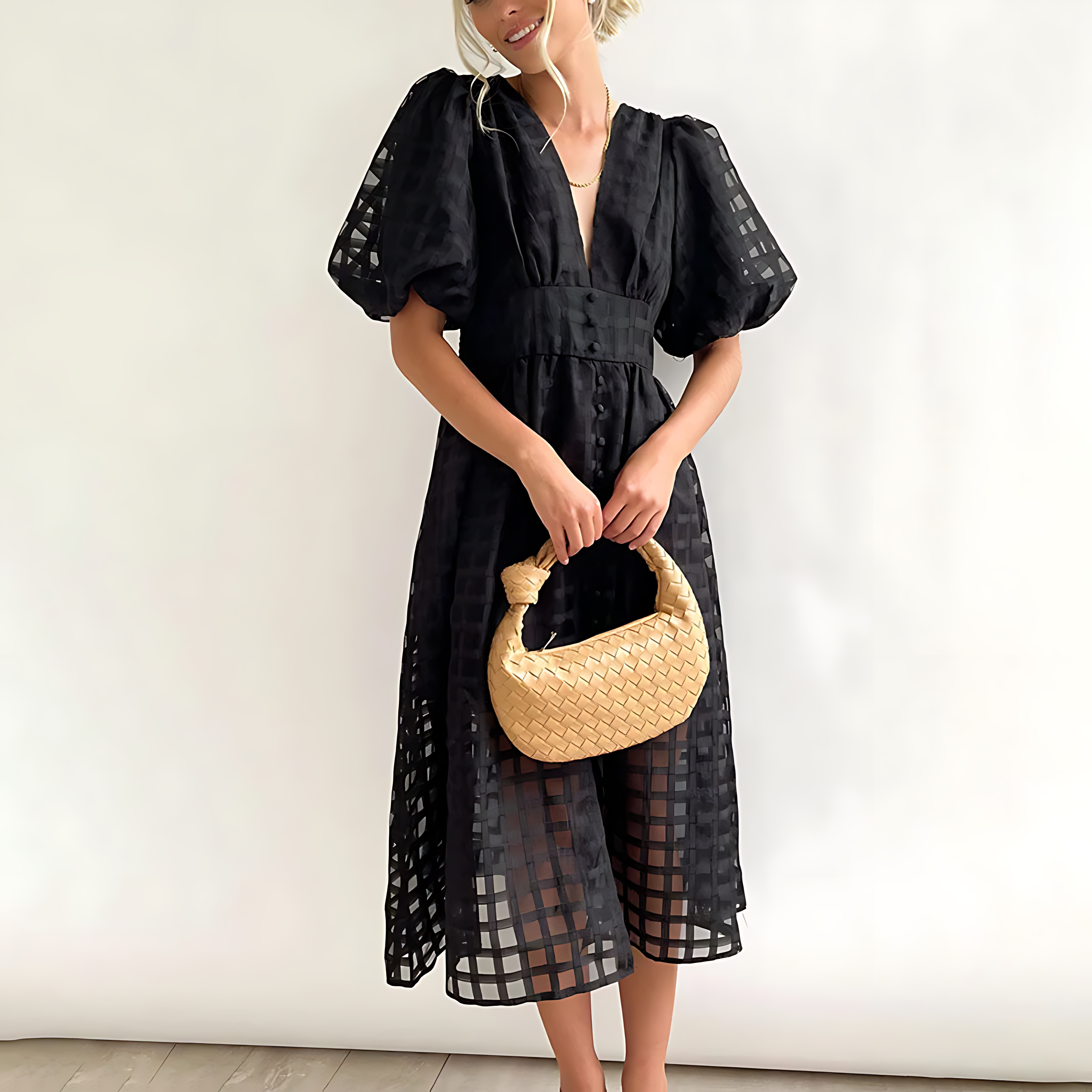 Women’s midi dress with structured bodice and flowing skirt