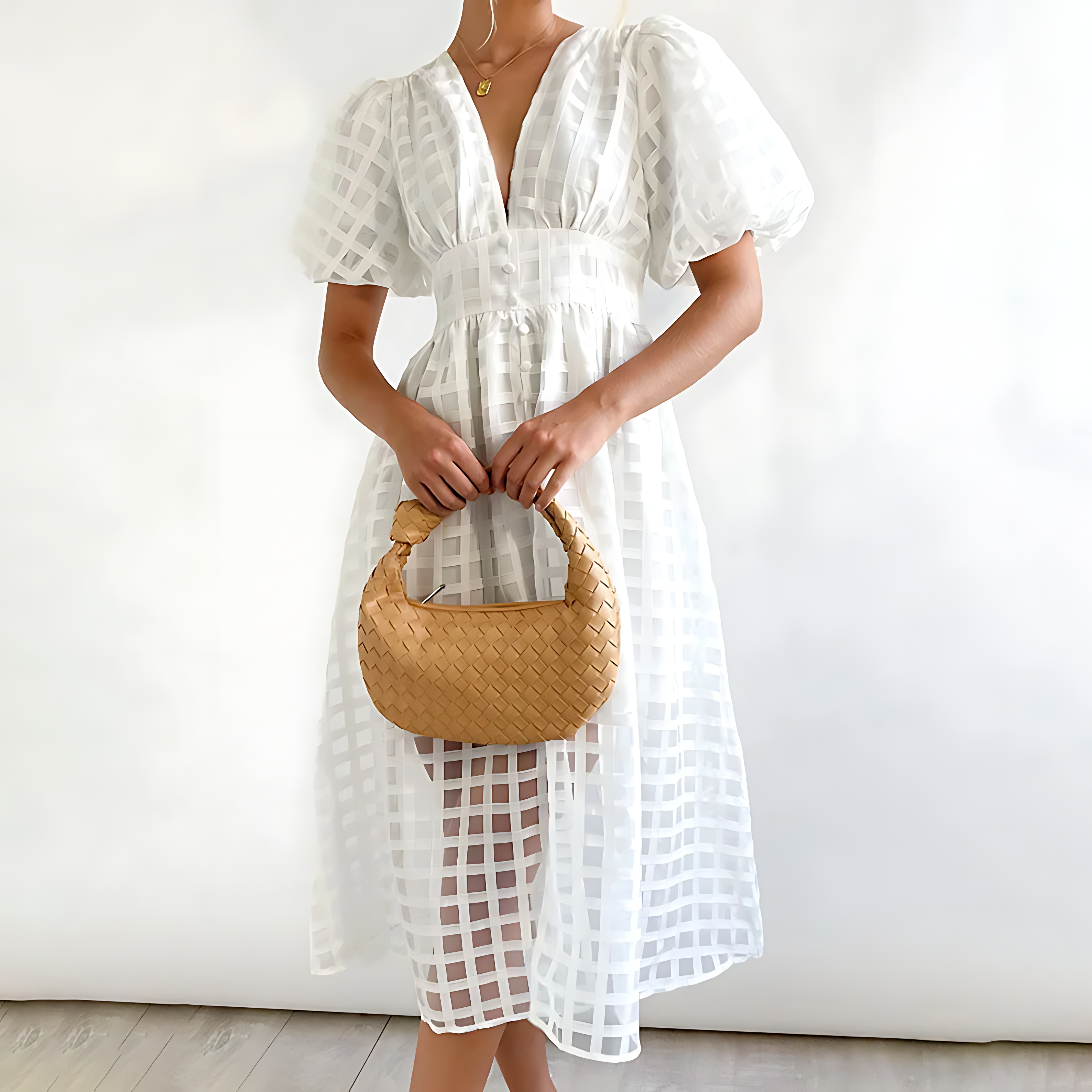 Women’s midi dress with structured bodice and flowing skirt