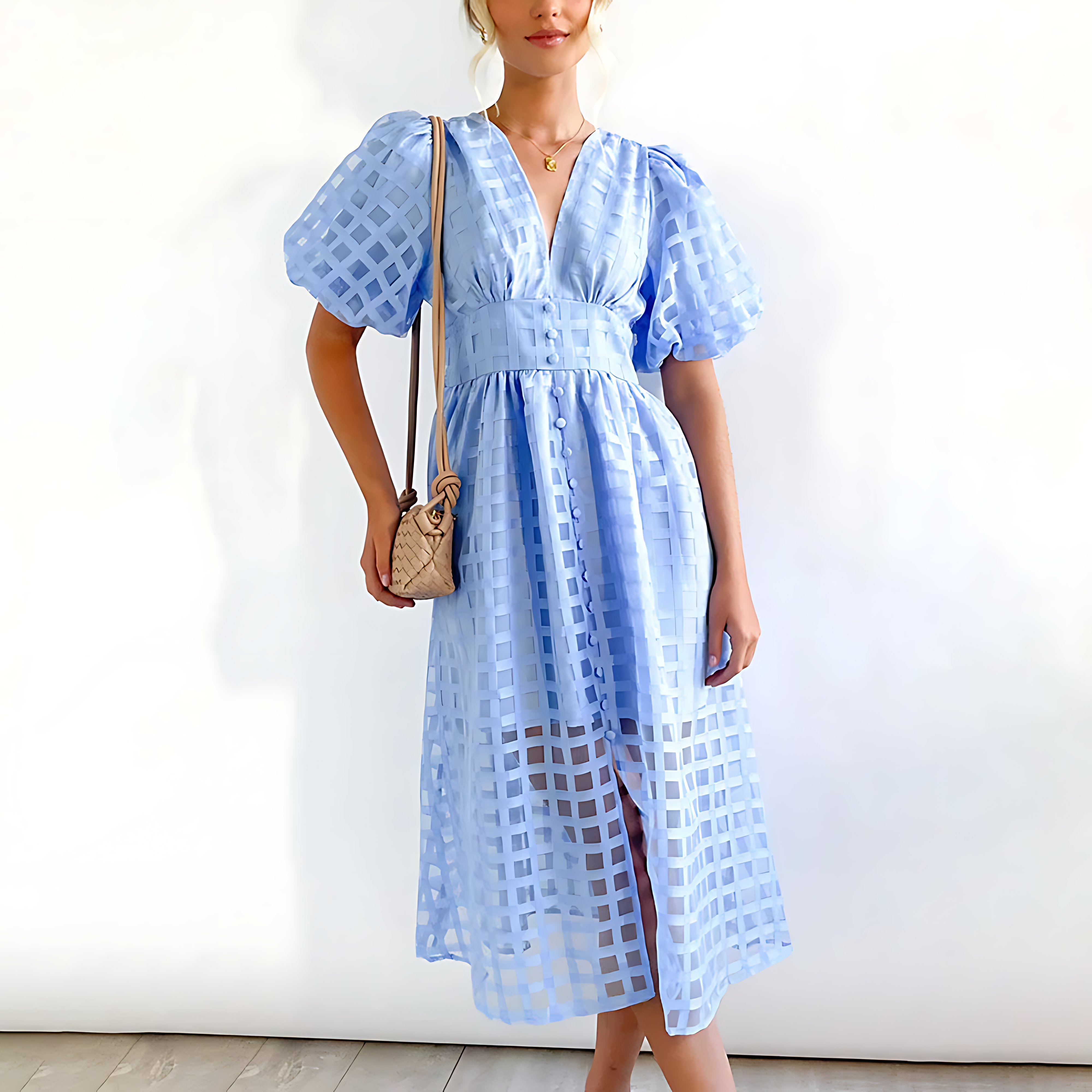 Women’s midi dress with structured bodice and flowing skirt