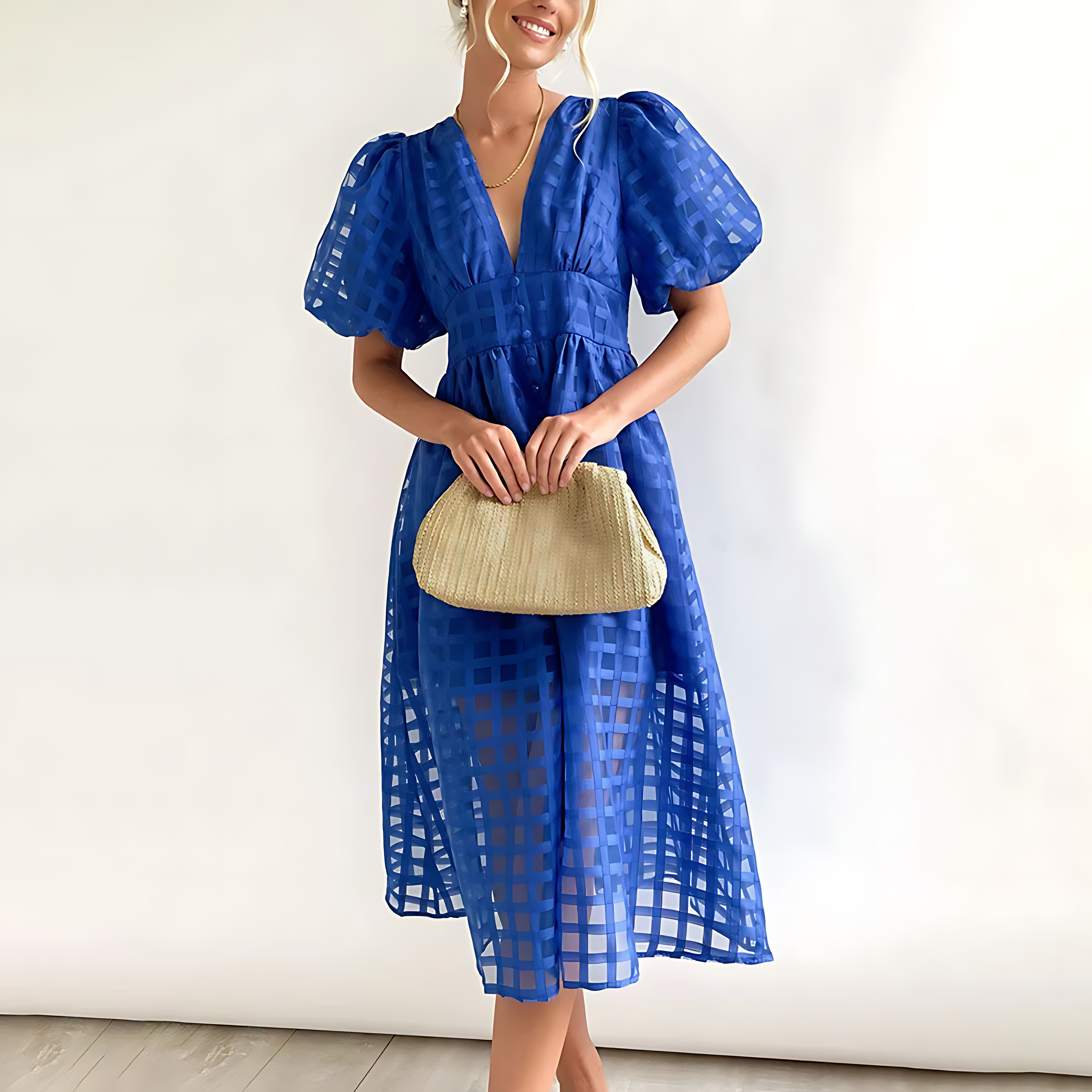 Women’s midi dress with structured bodice and flowing skirt