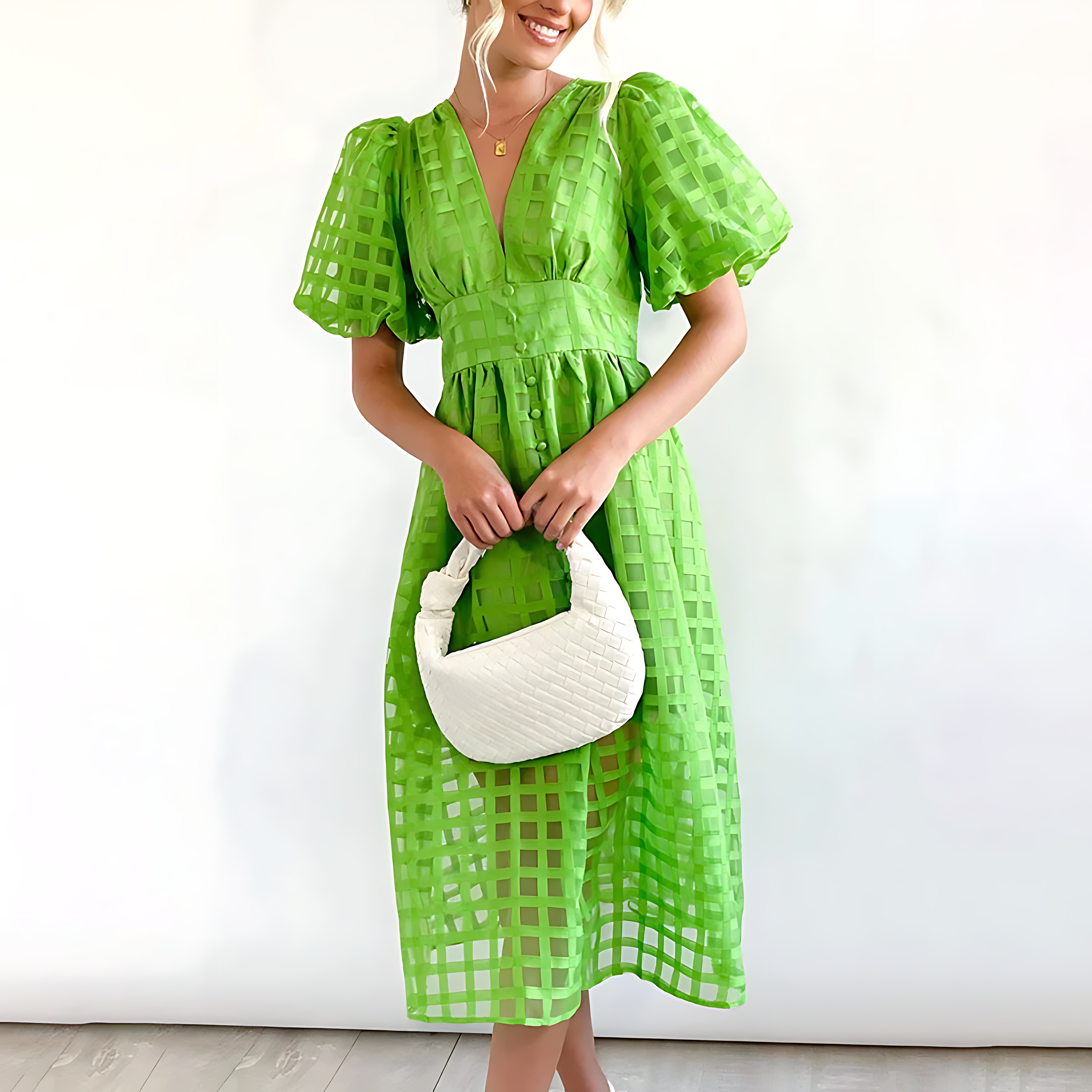 Women’s midi dress with structured bodice and flowing skirt