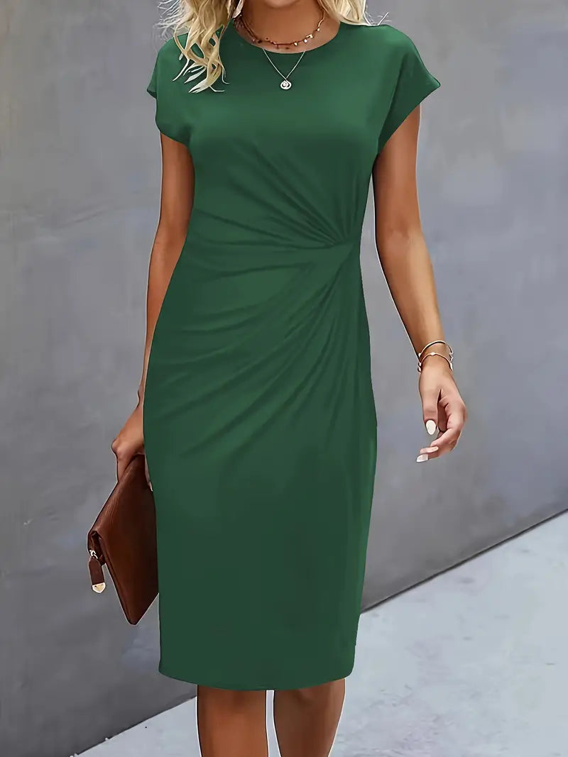 Women's midi dress with tailored silhouette and round neckline – Katrien