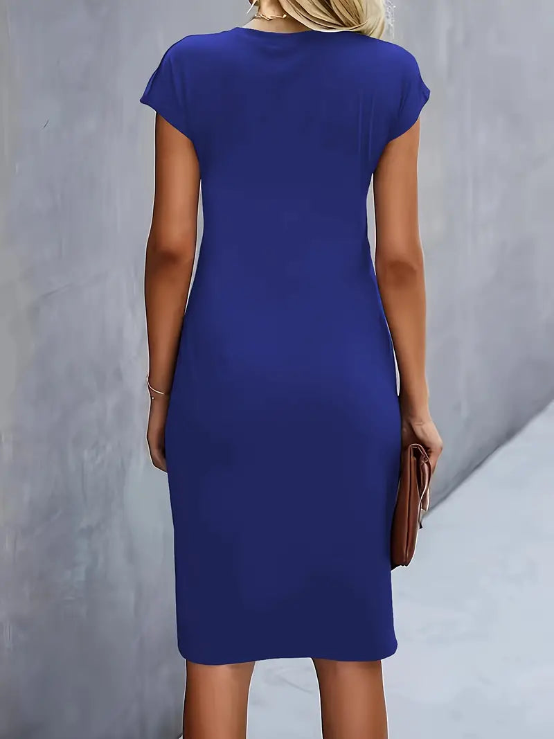 Women's midi dress with tailored silhouette and round neckline – Katrien