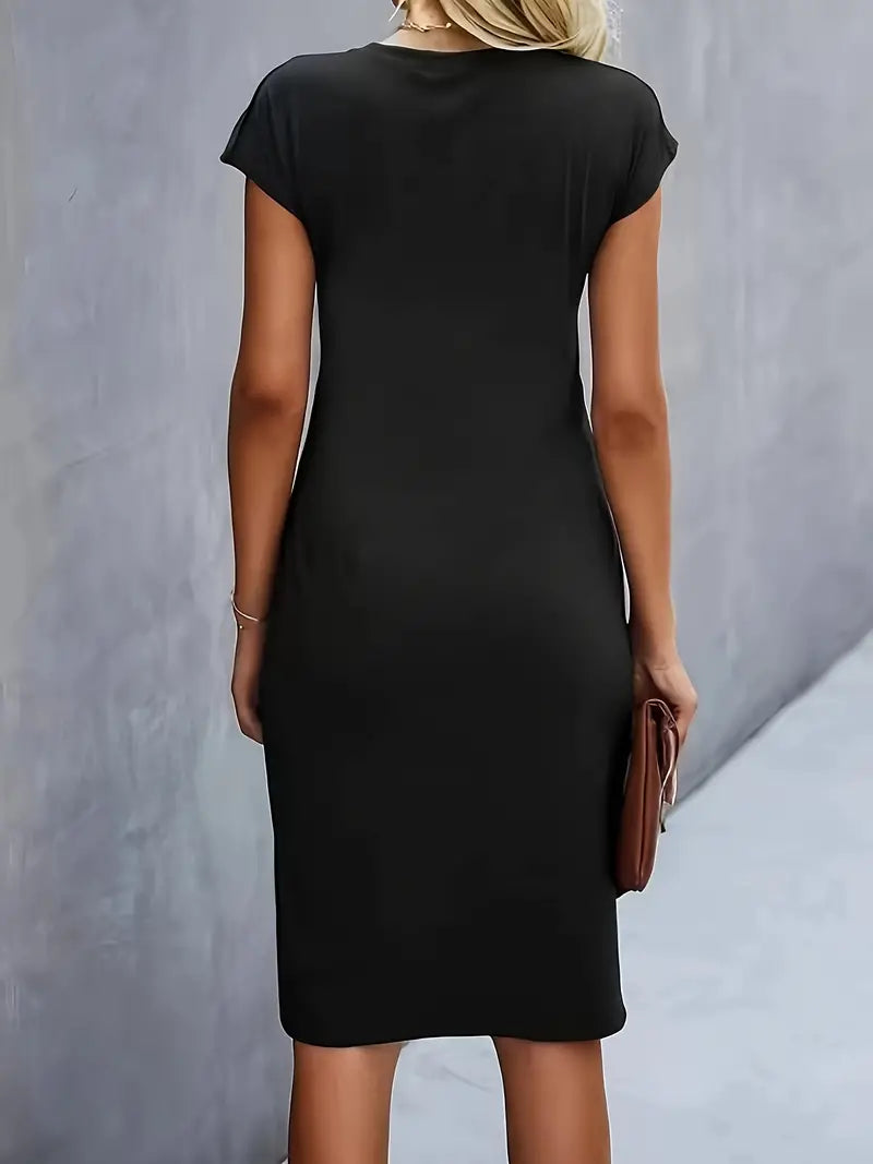Women's midi dress with tailored silhouette and round neckline – Katrien