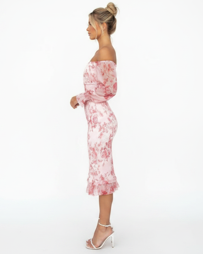 Women’s off shoulder floral midi dress with ruffle details