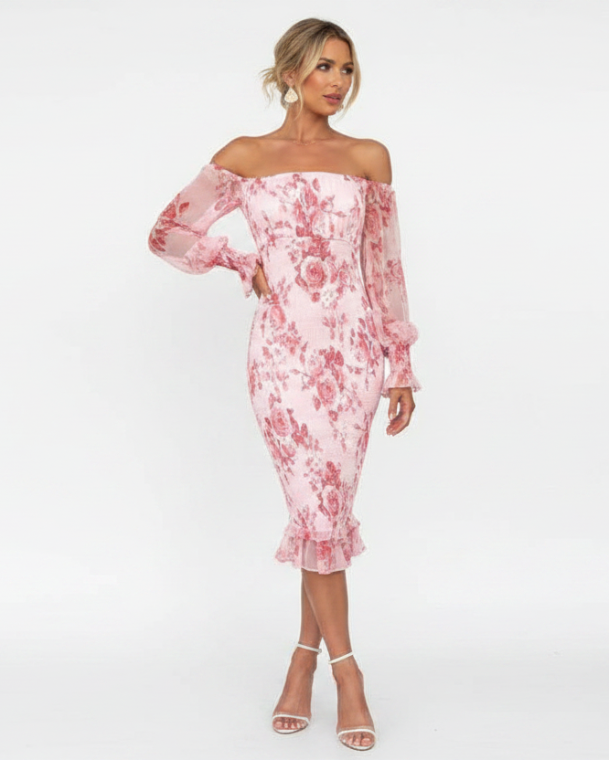 Women’s off shoulder floral midi dress with ruffle details