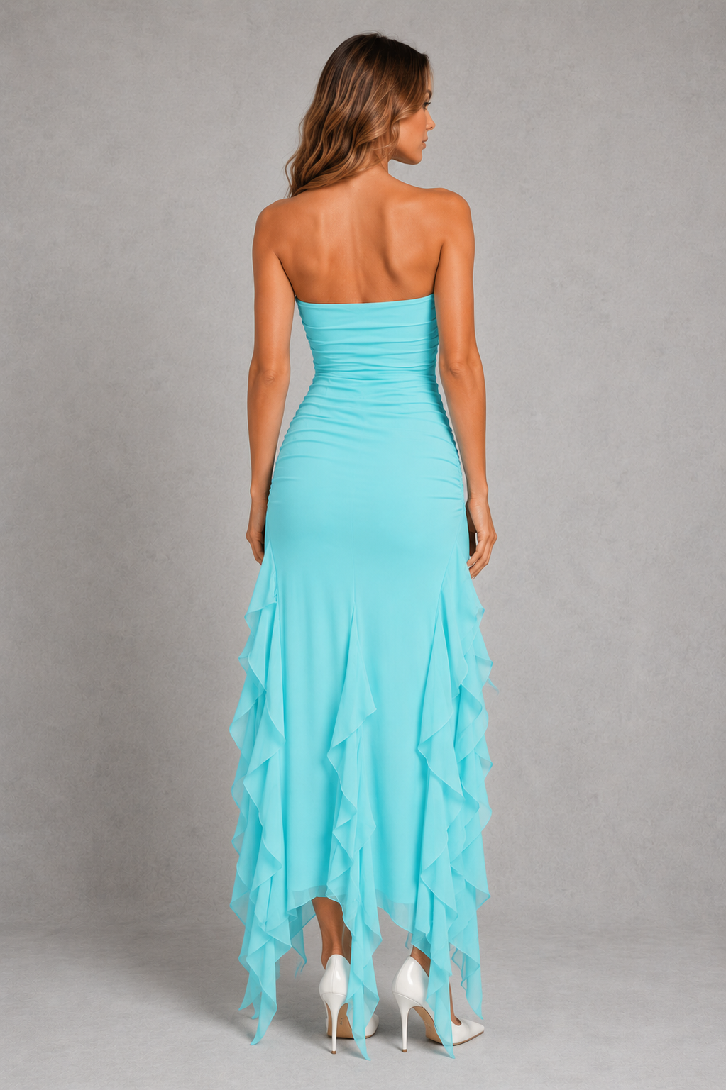 Women's off shoulder midi dress with an asymmetrical fringe hem, fitted silhouette, and elegant neckline, perfect for wedding guests, cocktail parties, and evening events.
