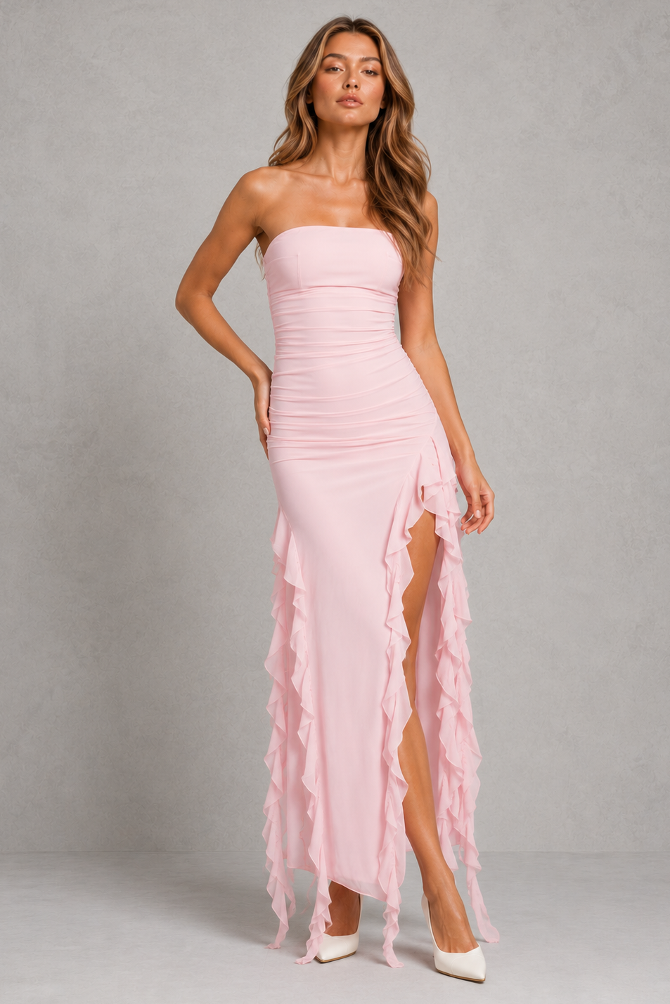 Women's off shoulder midi dress with an asymmetrical fringe hem, fitted silhouette, and elegant neckline, perfect for wedding guests, cocktail parties, and evening events.