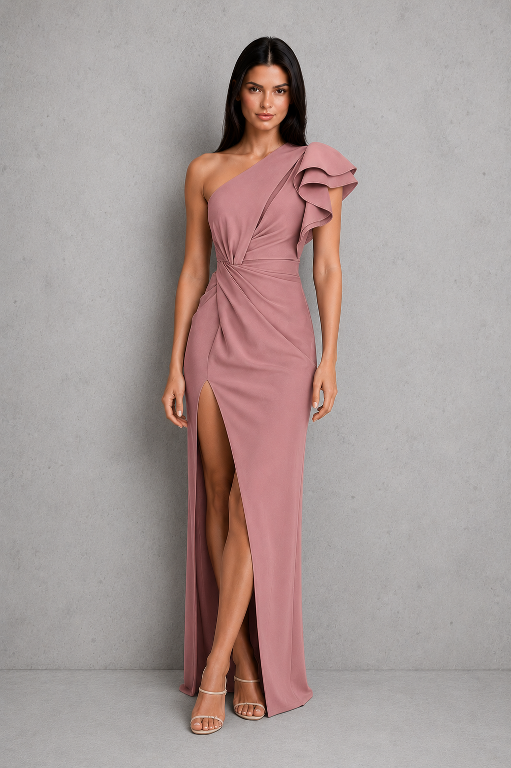 Women's off shoulder maxi dress with ruffle sleeves, relaxed flowing silhouette, and side slit, designed for a feminine look and comfortable movement.