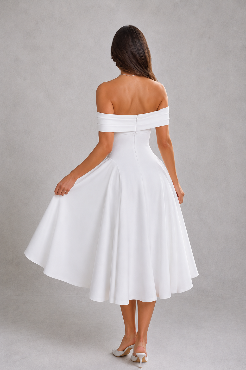Woman wearing an elegant off-shoulder pleated midi dress with a fitted bodice and flowing skirt, ideal for cocktail parties, evening events, weddings, and special occasions.